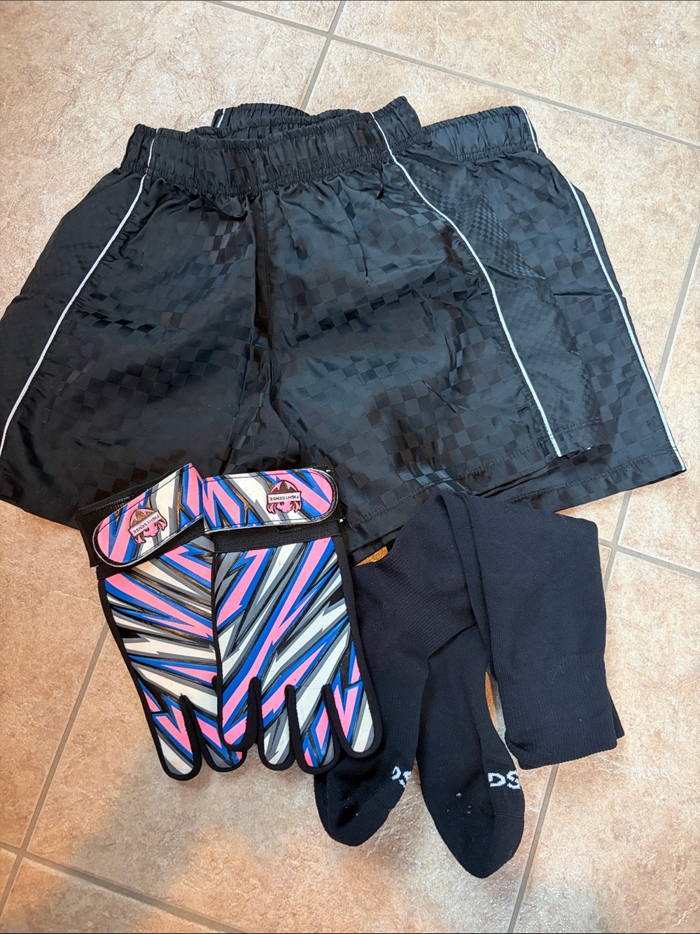 Kids Black Soccer/Athletic Shorts with 1 pair soccer socks and goalie gloves